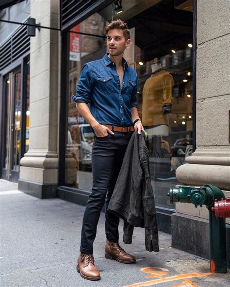 blue shirt black jeans men.